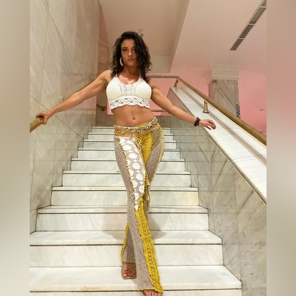 Jaded London Pants - Jaded London Yellow White Crochet Knit Boho Bohemian Lace Low Rise Pants